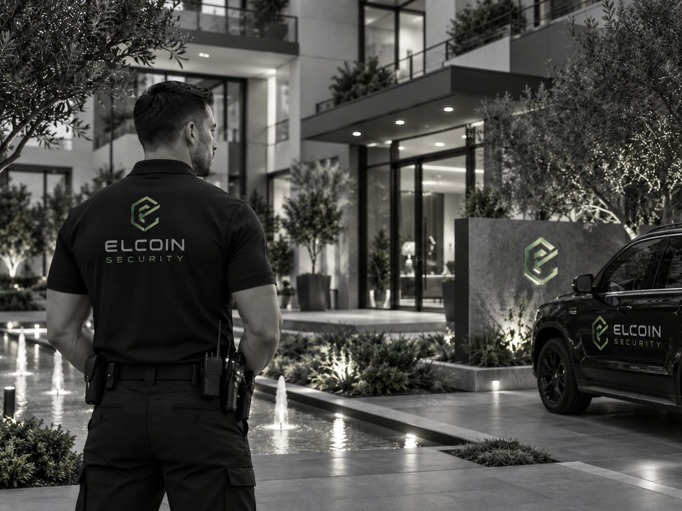 ELCOIN officer patrolling a residential courtyard, evening