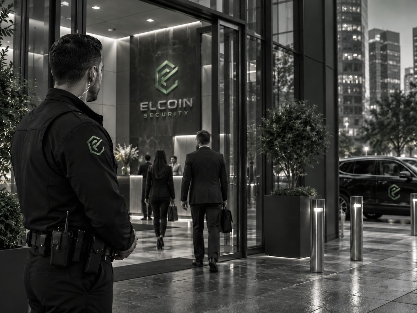 ELCOIN officer at a commercial building entrance, evening