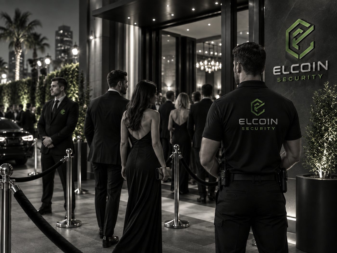 ELCOIN officer managing a VIP event entrance, evening