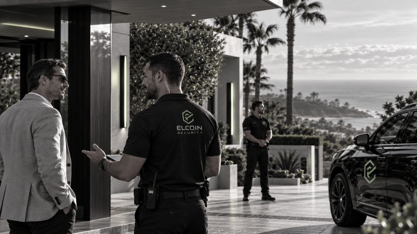 ELCOIN officer greeting a client, valet arrival at a coastal estate