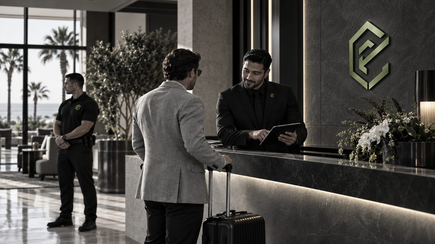 ELCOIN concierge assisting a guest at a hotel front desk